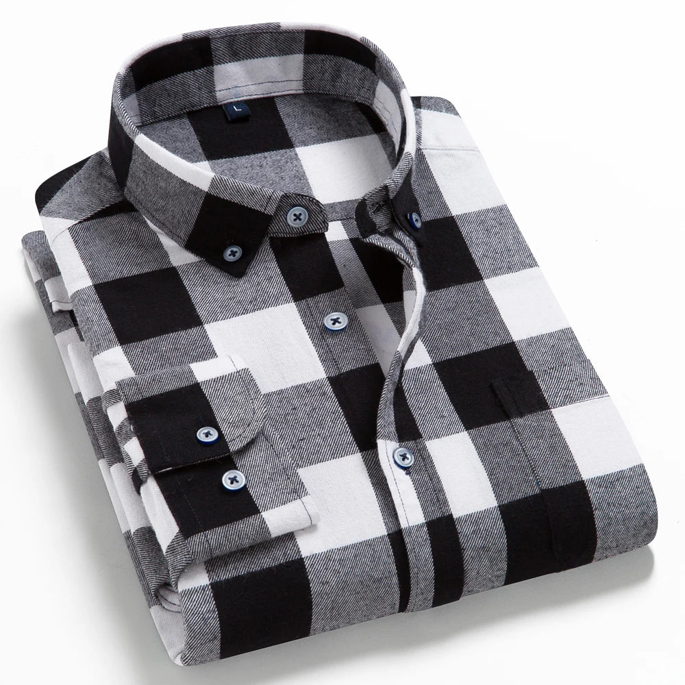 Men's Button Down Collar Contrast Plaid Pure Cotton Flannel Shirt with Left Chest Pocket Slim Fit Comfort Casual Brushed Shirts