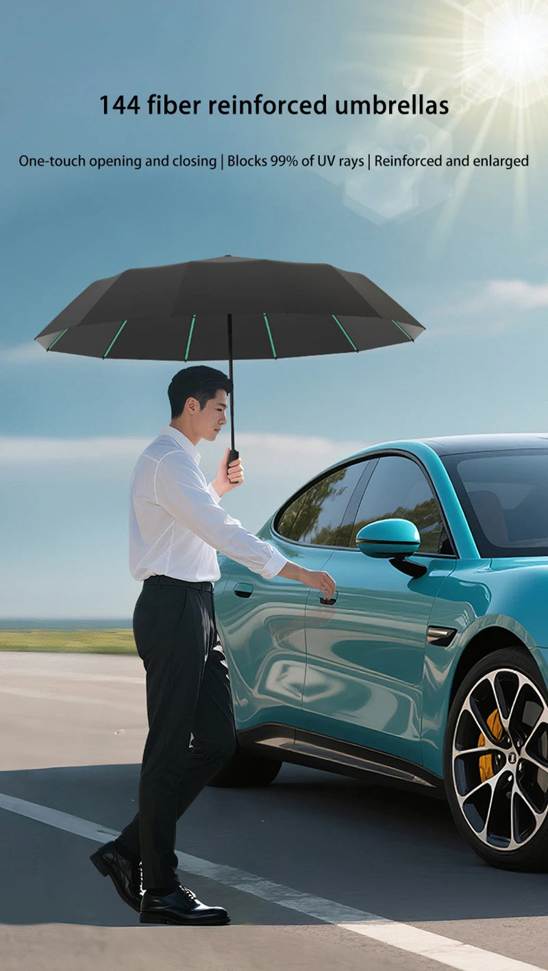Extra Large Auto Open Close Umbrella Windproof Reverse Fold Sun Rain UV Protection Black Layer Sunshade for Outdoor Travel Use