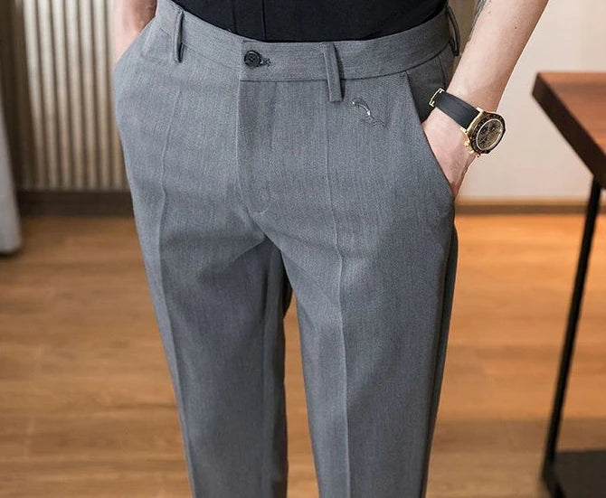 Trousers for Men Cropped Slim Fit Formal Work Casual Pants Man Dress Tailoring Baggy Polyester Slacks Korean Style Cotton Sale