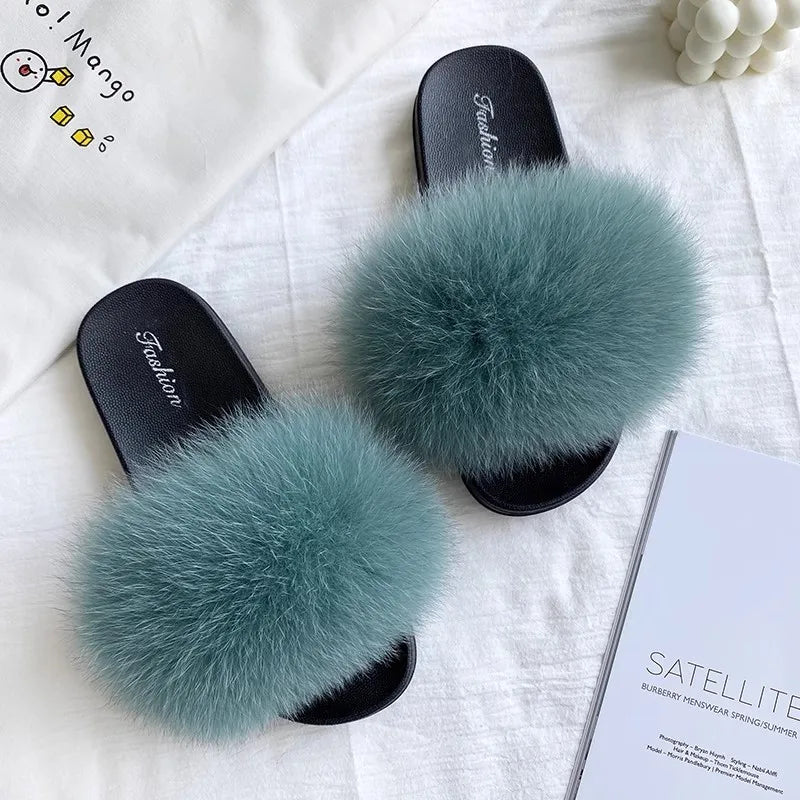 Fashion Lovely Real Fox Fur Slippers Women, Luxury Flat Sandals