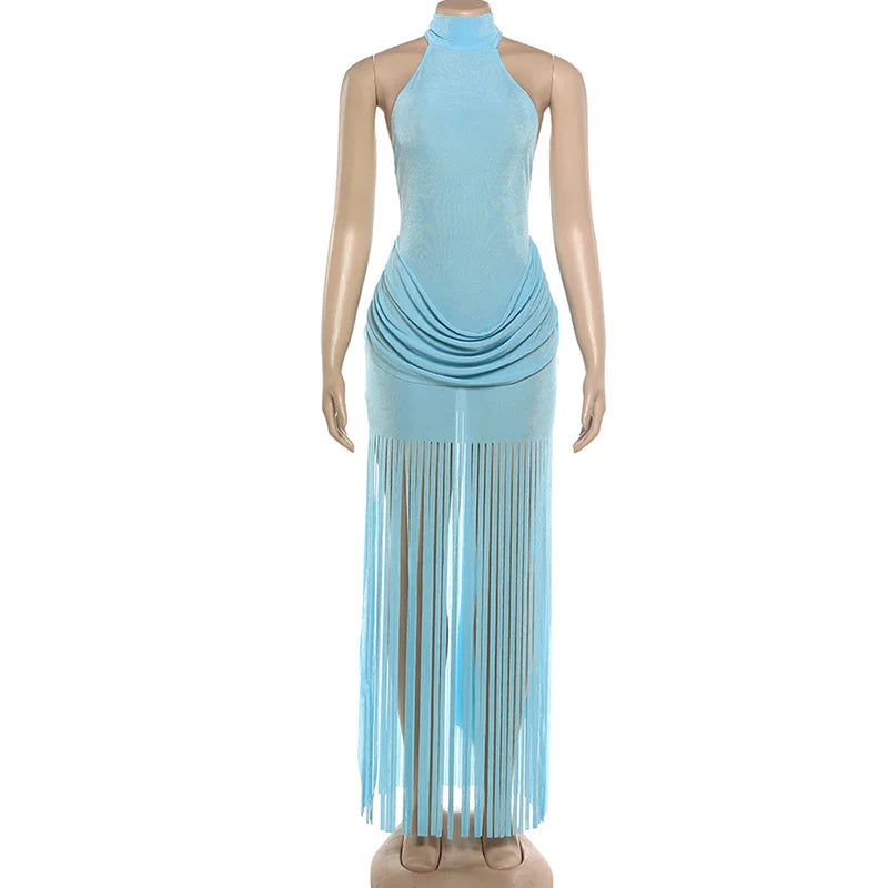 2026 Summer New Sexy Women's Dresses Halter Neck Backless Club Dress with Tassel Trim Fringe Detail Bodycon Party Mini Dress