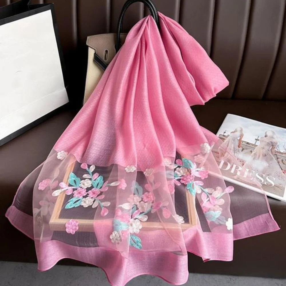 Elegant floral embroidered silk scarf for women, stylish sunscreen beach shawl with beaded trim, bohemian windproof must-have