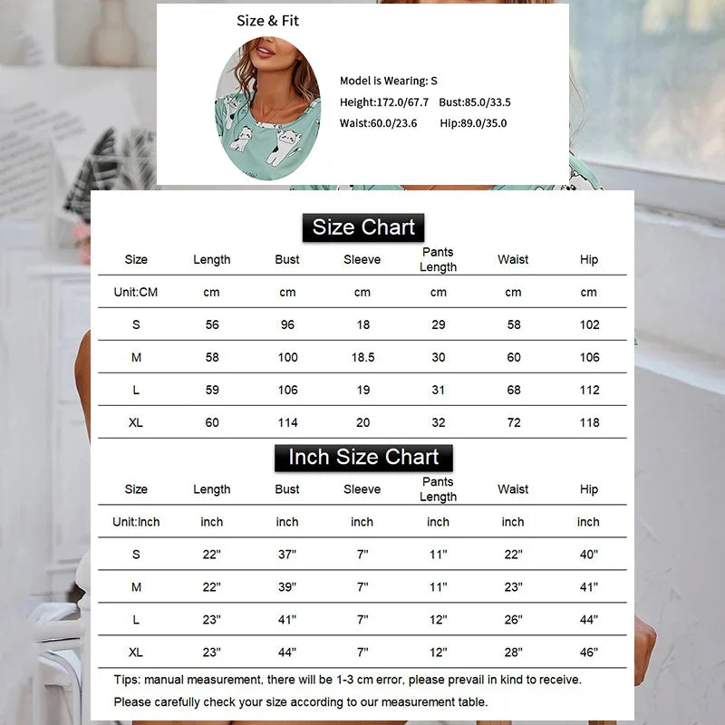 Women's Loungewear Casual Cute Print Nightwear Short Sleeve Crew Neck T-Shirt And Shorts Pajama Set Sleepwear Lounge Two Piece