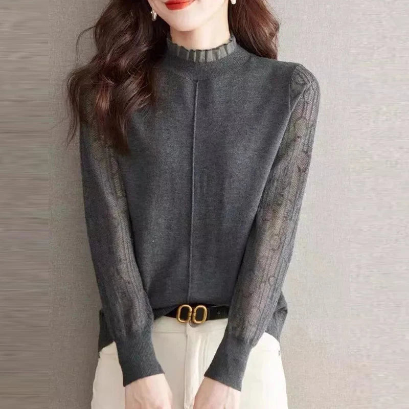 Clothes for Women Spring Autumn Fashion Ruffled Hollow Long Sleeve Knitted Sweaters Elegant Chic Solid Loose Basic Pullover Tops