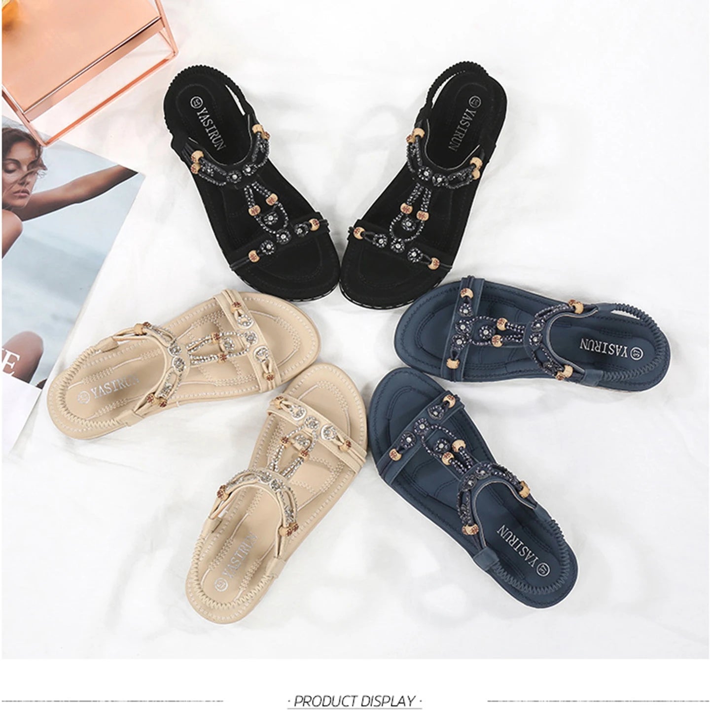 Fashion Women Sandals New Flat Sandals Women Summer Bohemia Style Outdoor Rhinestone Comfortable Beach Shoes Zapatos De Mujer
