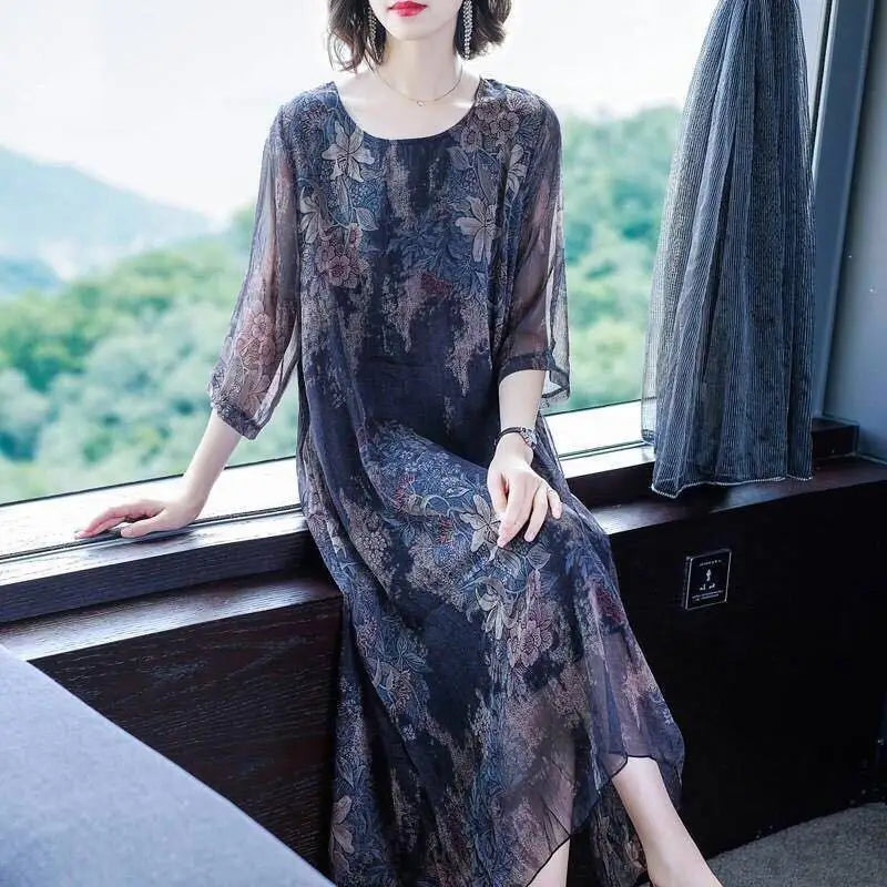 Elegant Vintage Women Floral Chiffon Dress Summer Half Sleeve Loose Big Size Y2k Female Clothing New Korean Fashion Midi Robe