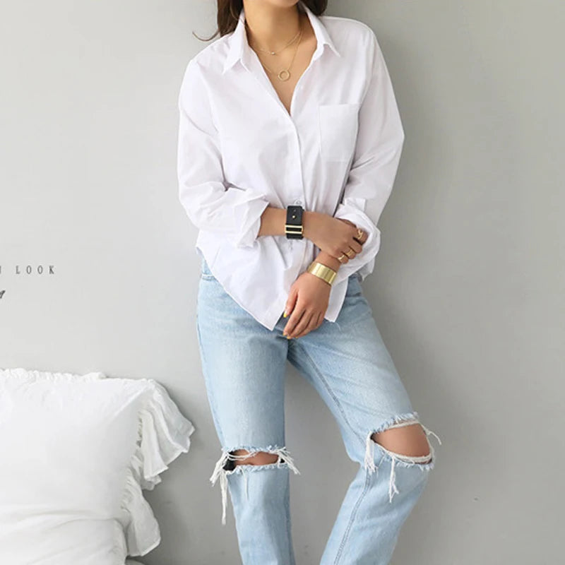 Women Office Lady Elegant Shirts Fashion Long Sleeve Casual White Blouses Turn-down Collar Ol Style Loose Top