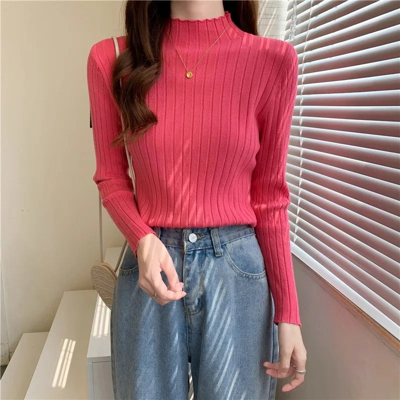 Woman Sweaters 2025 Autumn Winter Knitted Ribbed Turtleneck Sweater Women Clothes Long Sleeve Slim Basic Pullover Solid Tops