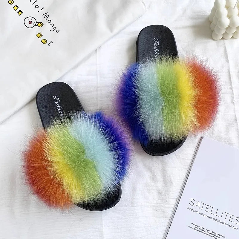 Fashion Lovely Real Fox Fur Slippers Women, Luxury Flat Sandals