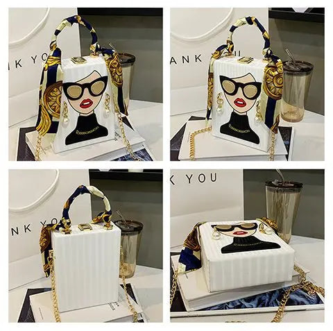 Woman Purses and Handbags Beauty Women Shoulder Bag Scraf Pearl Decorated Party Bag Funny Clutch Bag Crossbody Bag