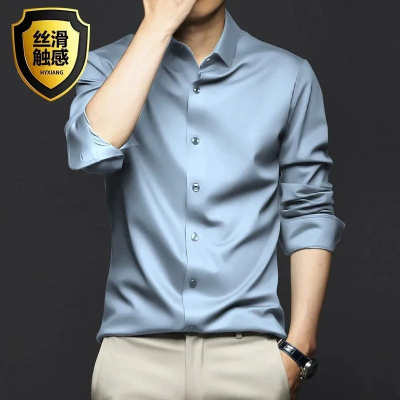 Lynett Lamar Men's Silk-Feel Non-Iron Long Sleeve Shirt — Seamless Stretch Business Casual