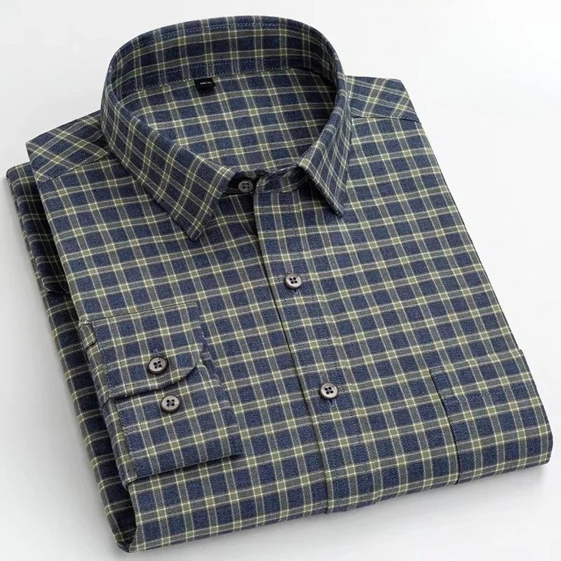 Men's 100% Cotton Brushed Slim Fit Long Sleeve Shirt — Plaid & Striped Casual Autumn