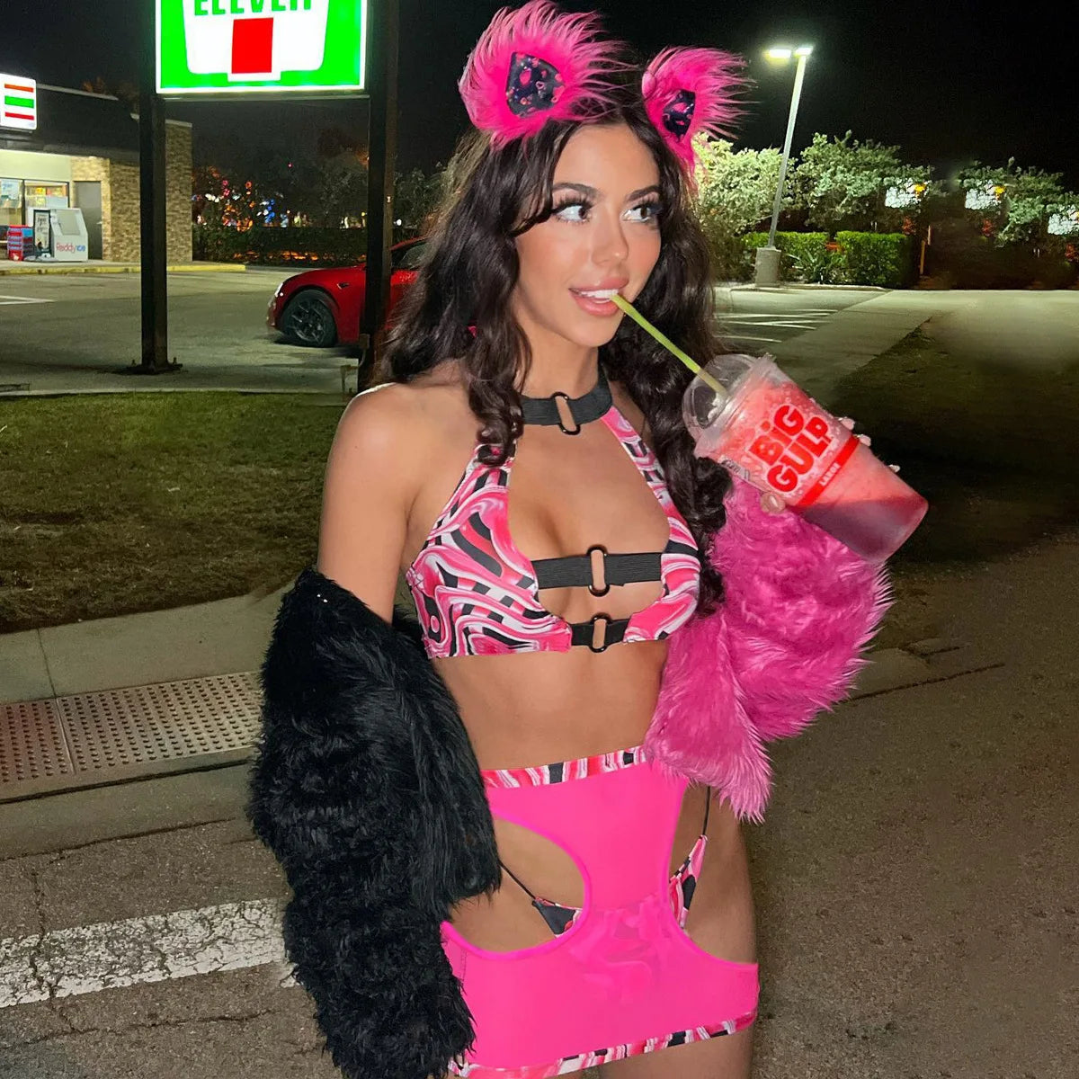 Spicy Girl Blocked Color Lingerie Set Women's Sexy Hollow Out Halter Neck Suit Backless Transparent Bra Short Skirt Three Pieces