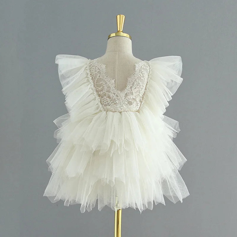 Backless Ruffles Lace Flare Sleeves Layered Princess Party Dresses