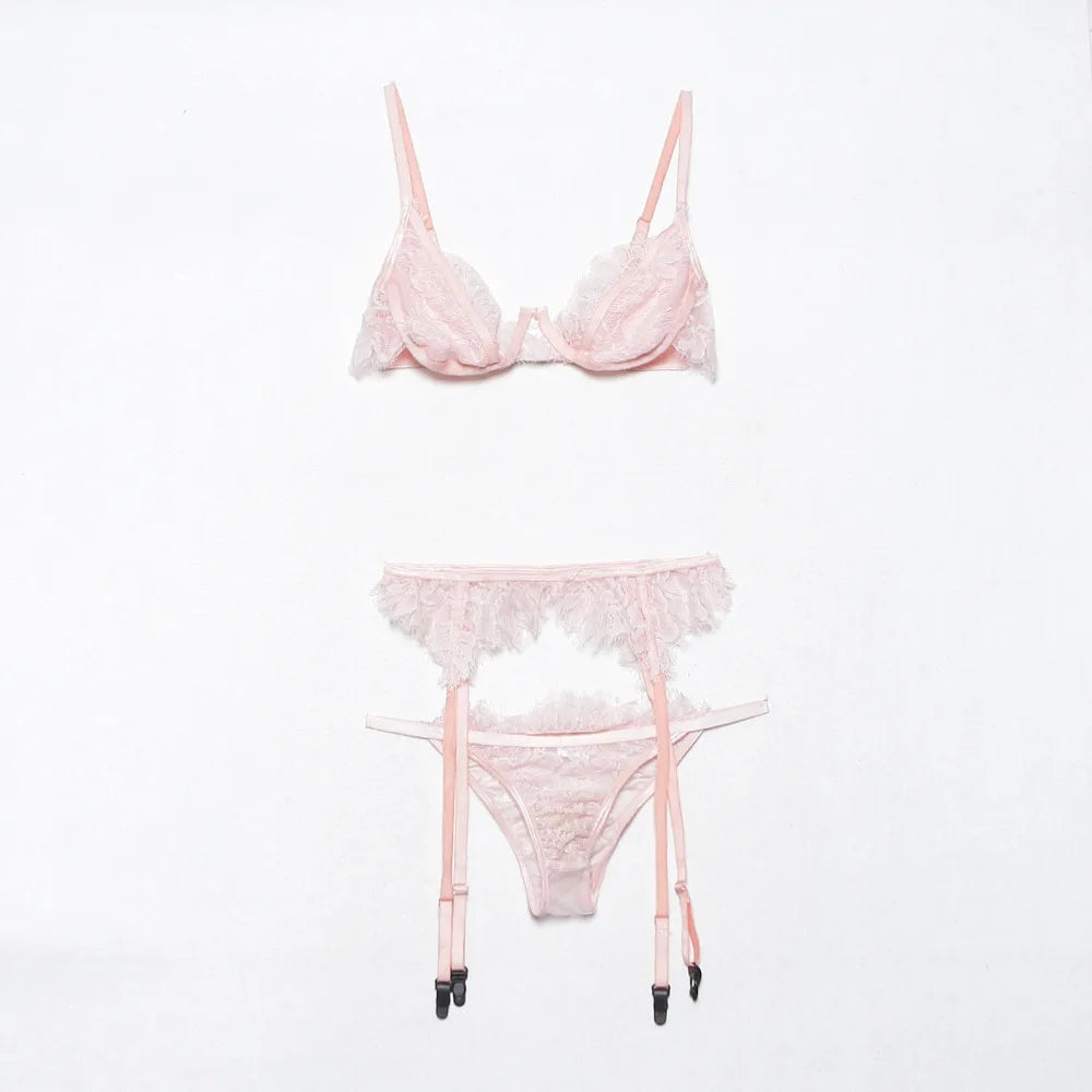 Women Pink Lace Bra and Panty Set Set Bathing Club Outfits Underwear Bralette Lace Brief Sexy Intimates Lingerie Set Straps
