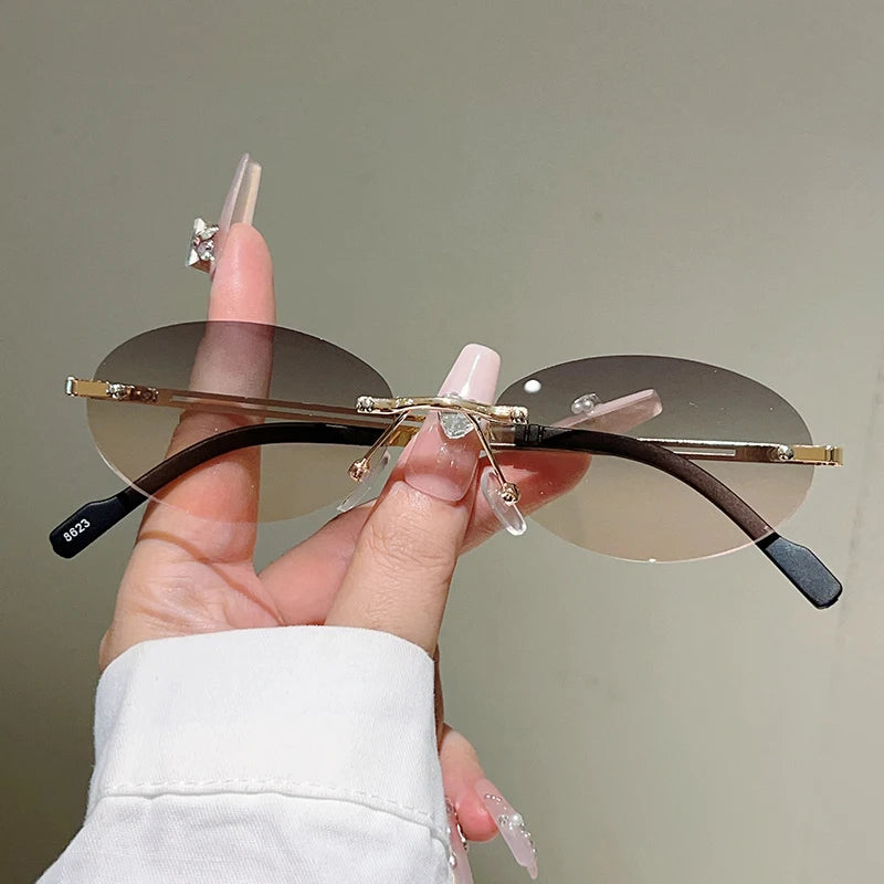 KAMMPT Rimless Oval Sunglasses Men Fashion Gradient Decor Shades Women 2025 New Trendy Vintage Brand Design Casual Sun Glasses