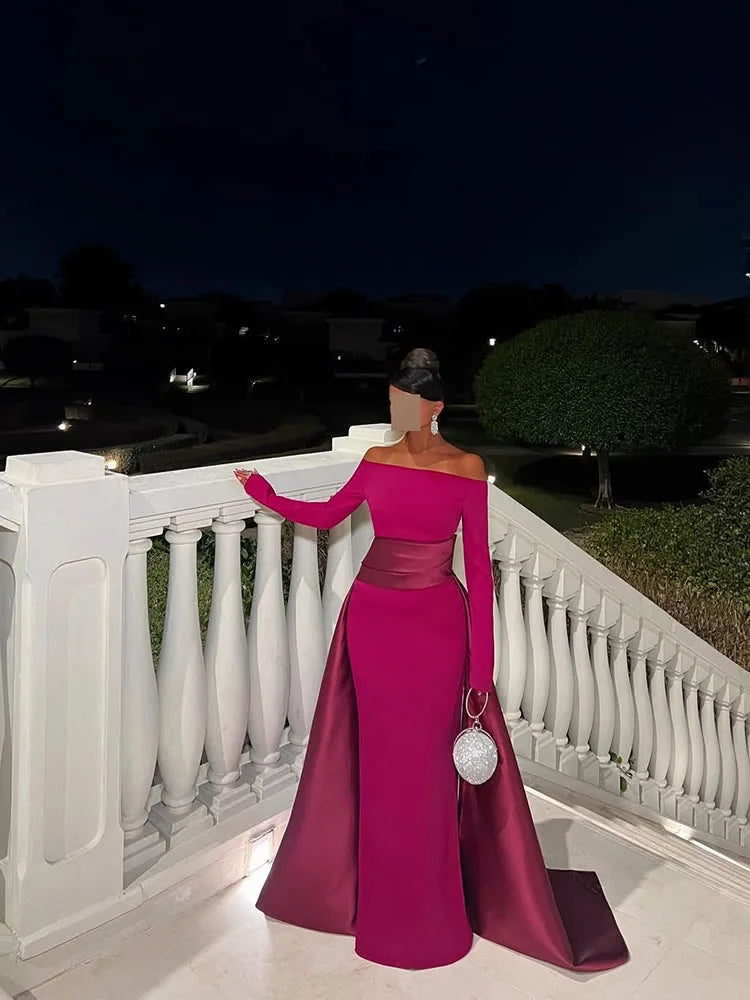 SUMNUS Formal Contrast Color Satin Evening Prom Gowns Mermaid Party Dresses Floor-Length Long Sleeves Party Dresses Customized