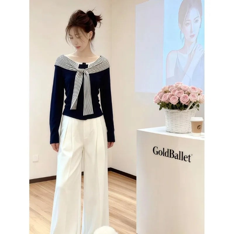 Women Clothes Autumn Fashion Simplicity All-match Fashionable Temperament Appear Thin Fake Two Pieces Long Sleeve Pullovers Tops