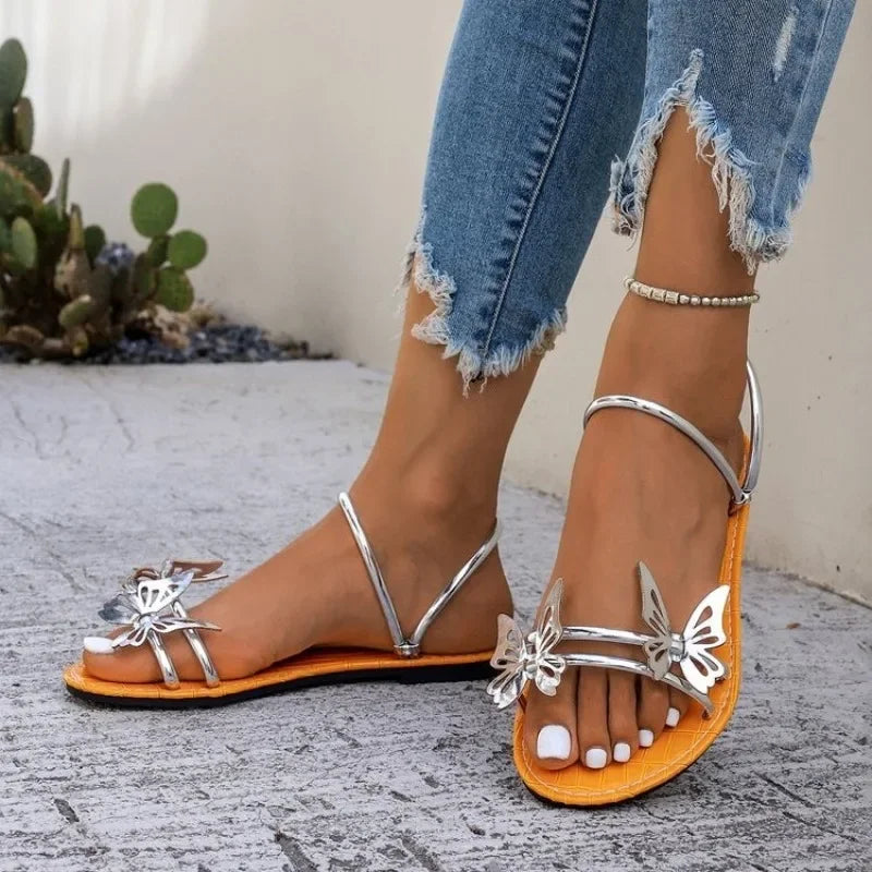 Women's Sandals Summer Comfortable Casual Shoes Flat Slippers Women's Shoes Beach Butterfly Gold Footwear