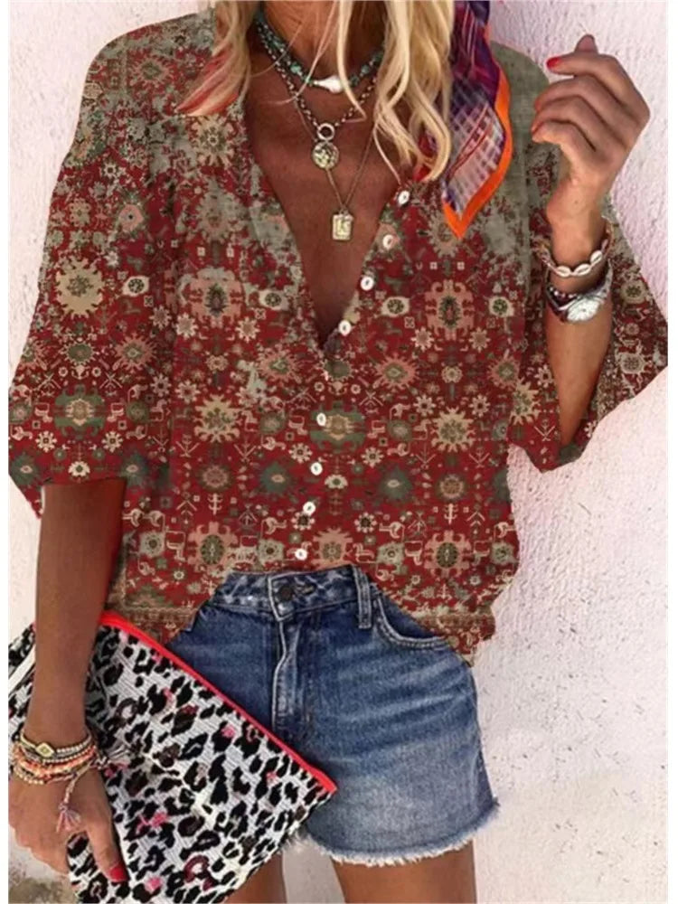2024 New Women's Shirts & Blouses Fashion Vintage Printed Casual Vacation Bohemian Style Lady Single-breasted Shirt Streetwear