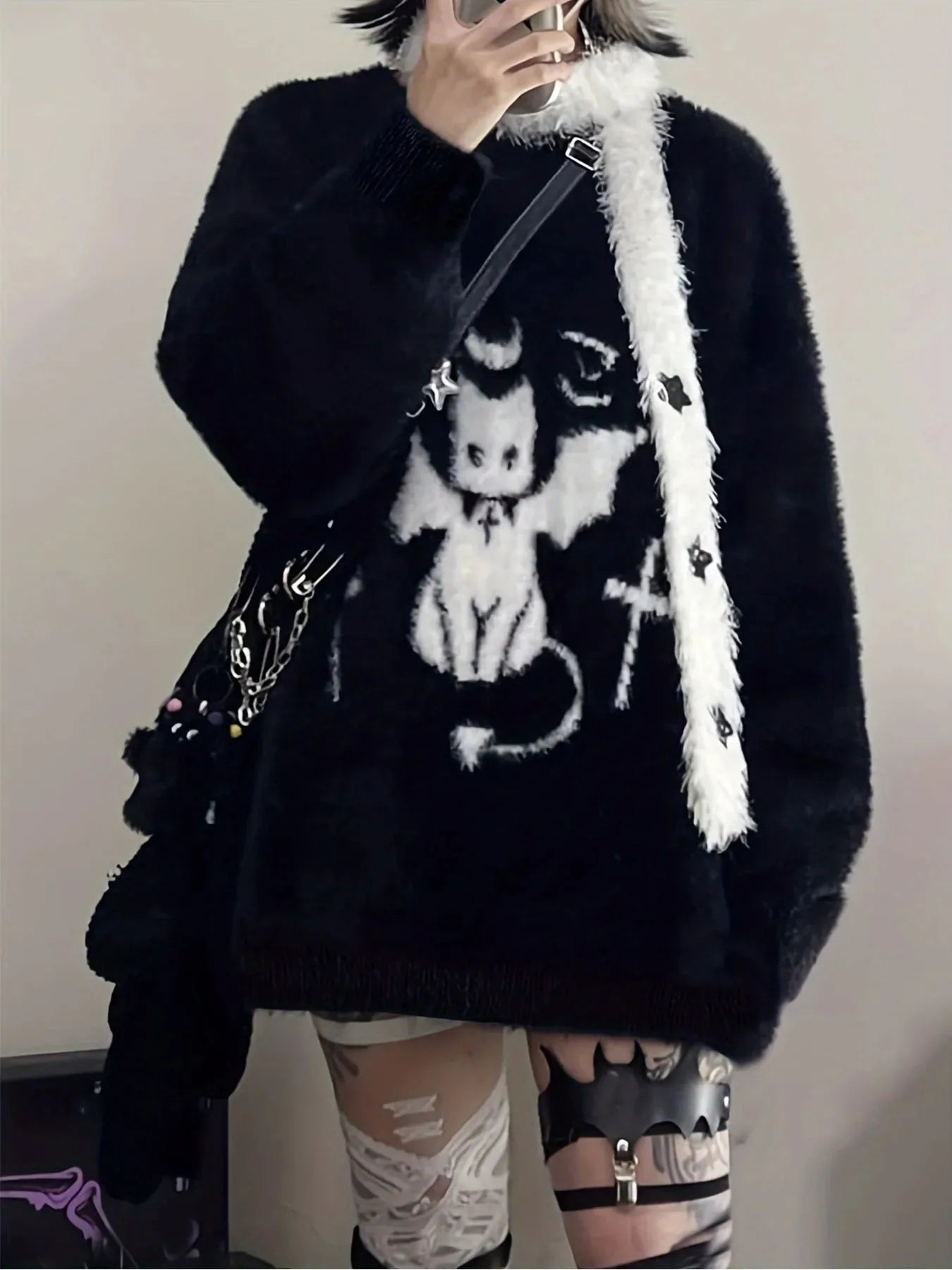 Harajuku Gothic Casual Oversized Knitted Jumpers Grunge Cartoon Sweater Fashion Knitwear Y2k Aesthetic Balack Loose Pullover