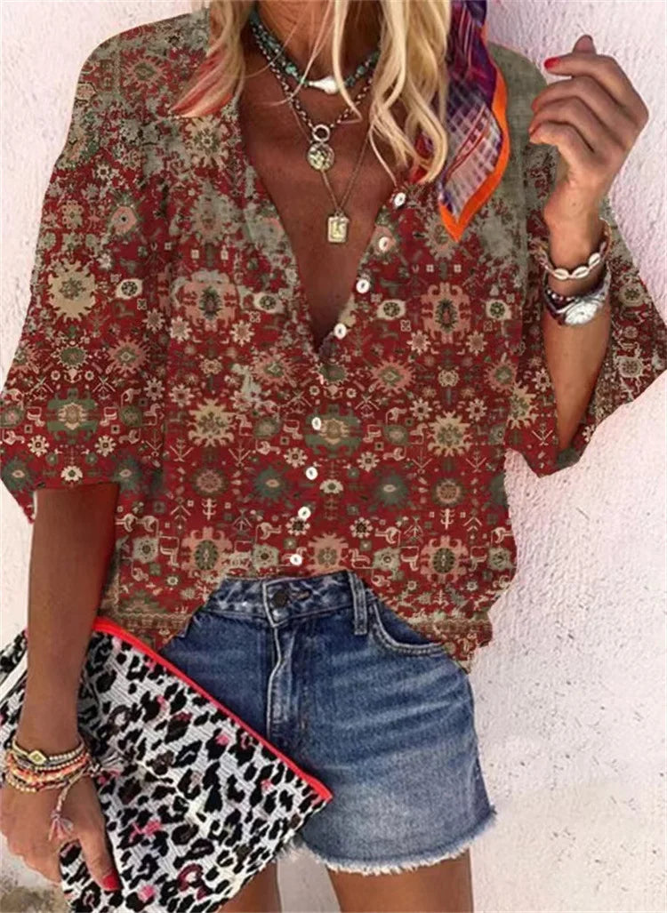 2024 New Women's Shirts & Blouses Fashion Vintage Printed Casual Vacation Bohemian Style Lady Single-breasted Shirt Streetwear