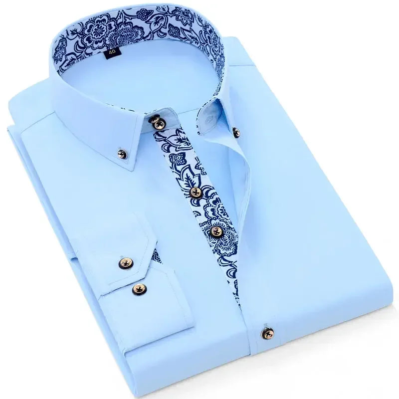 Men's Slim Fit Cotton Long Sleeve Dress Shirt — Smart Casual Business Black Blue White