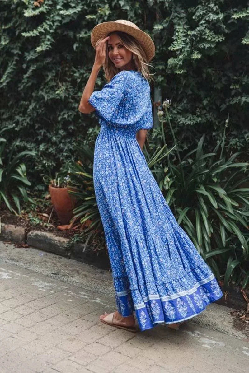 Maxi Dresses for women Cotton Rayon blue Floral print sexy deep v-ncek boho summer dresses loose Hippie long dress Vestidos