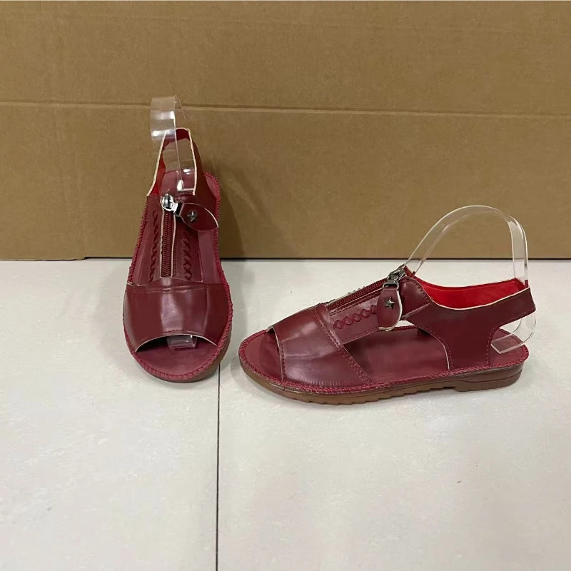 2025 Summer Women Sandals Red Flat Sandals Shoes for Women Leather Peep Top Mom Shoes Zip Slip on Sandalias De Mujeres En Oferta