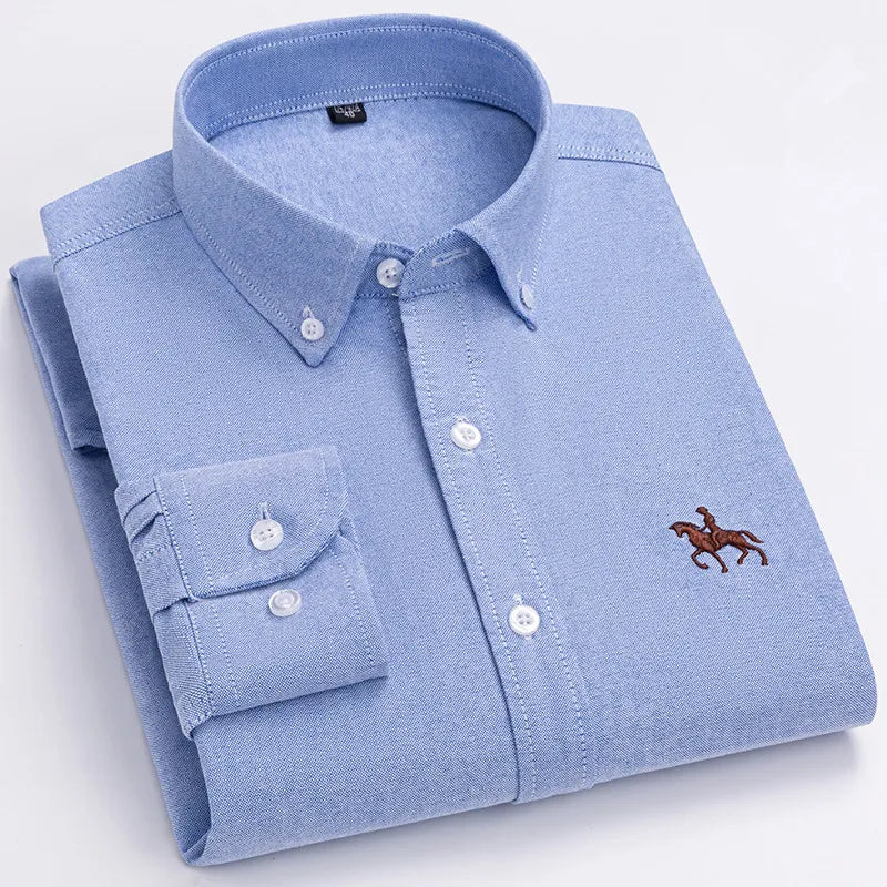 Men's 100% Cotton Oxford Washed Long Sleeve Dress Shirt — Embroidered Business Casual