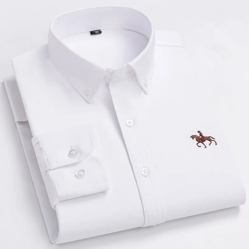 Men's 100% Cotton Oxford Washed Long Sleeve Dress Shirt — Embroidered Business Casual