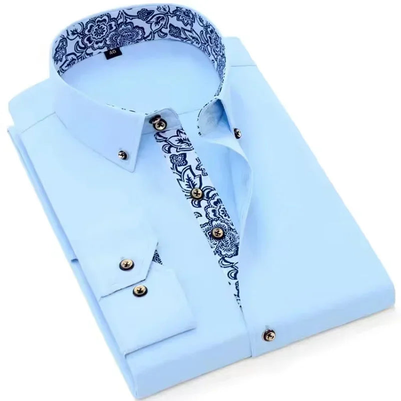 Men's Slim Fit Cotton Long Sleeve Dress Shirt — Smart Casual Business Black Blue White
