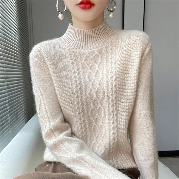Women's Sweater Spring Autumn Outside Wear Pullovers Half High Collar Knitwear Fashion Long Sleeve Pull Femme Sueter Tops