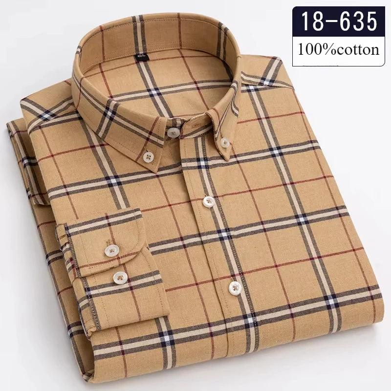 Men's 100% Cotton Brushed Slim Fit Long Sleeve Shirt — Plaid & Striped Casual Autumn