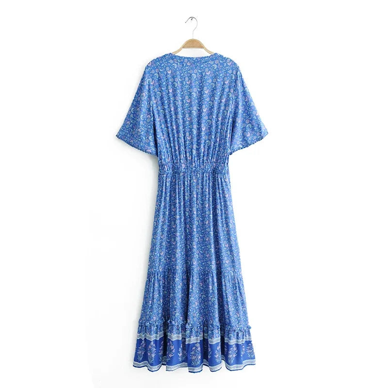 Maxi Dresses for women Cotton Rayon blue Floral print sexy deep v-ncek boho summer dresses loose Hippie long dress Vestidos