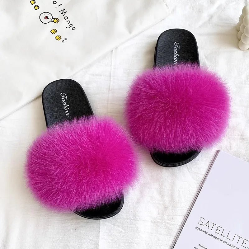 Fashion Lovely Real Fox Fur Slippers Women, Luxury Flat Sandals