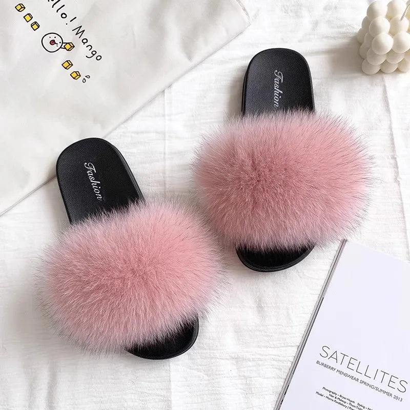 Fashion Lovely Real Fox Fur Slippers Women, Luxury Flat Sandals