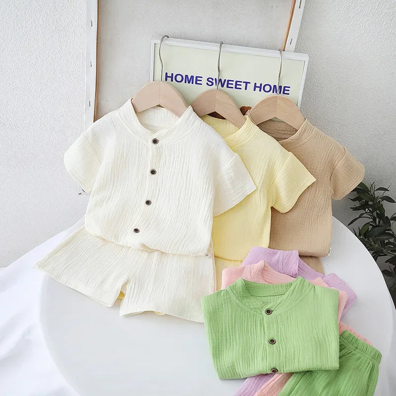 Baby Toddler 2Pcs Cotton Gauze Pajamas Set Short Sleeve Round Neck Sleepwear Soft Breathable Boys Girls 0-5Y Beach Clothes