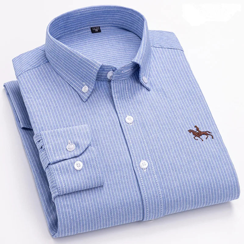 Men's 100% Cotton Oxford Washed Long Sleeve Dress Shirt — Embroidered Business Casual