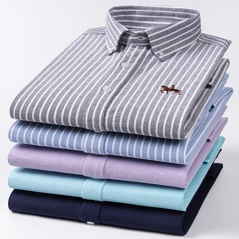 Men's 100% Cotton Oxford Washed Long Sleeve Dress Shirt — Embroidered Business Casual