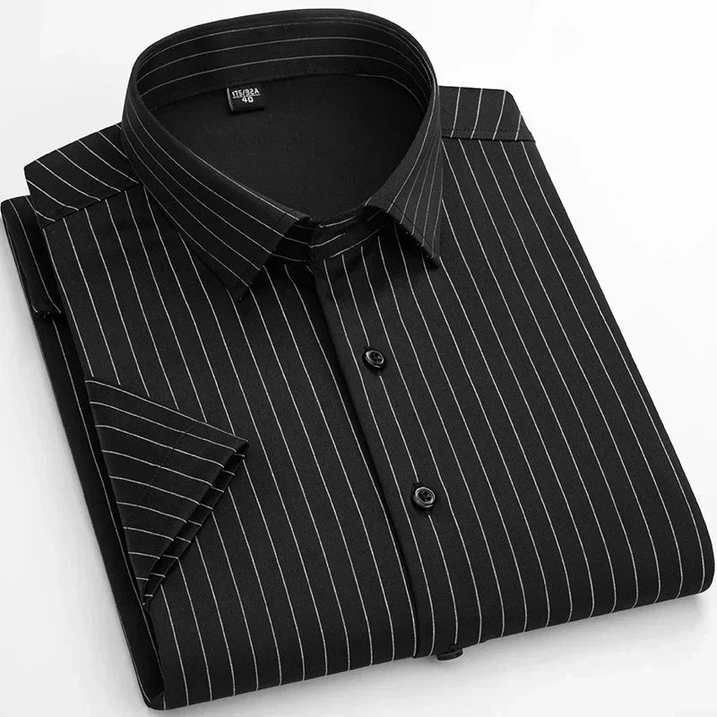 Lynett Lamar Men's Stretch No-Iron Short Sleeve Dress Shirt — Square Collar Formal Workwear