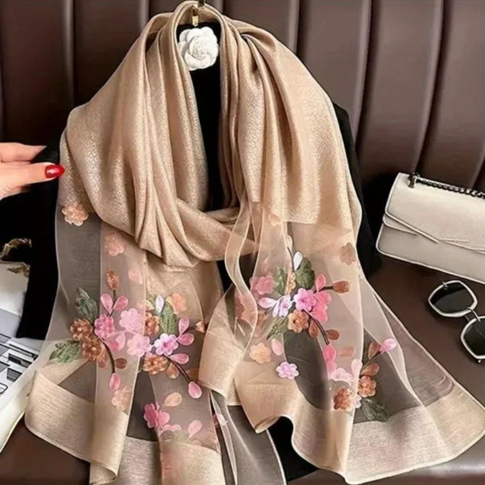 Elegant floral embroidered silk scarf for women, stylish sunscreen beach shawl with beaded trim, bohemian windproof must-have