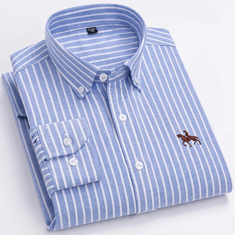 Men's 100% Cotton Oxford Washed Long Sleeve Dress Shirt — Embroidered Business Casual