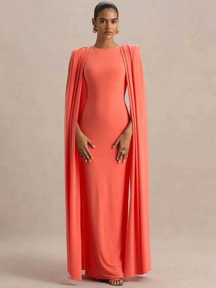 Blifanbo Sexy Cape Sleeve Maxi Dress Women Gown Fashion O Neck High Waist Split Zipper Club Party Long Dresses Female Elegant