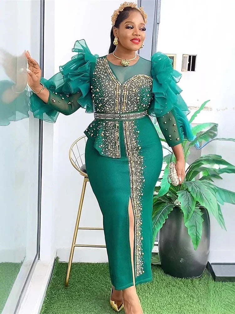 Customized Luxury Vintage Dresses For Women Wedding Party Prom Evening Gown Long Sleeve Dress Dashiki Beaded Robe Turkey African