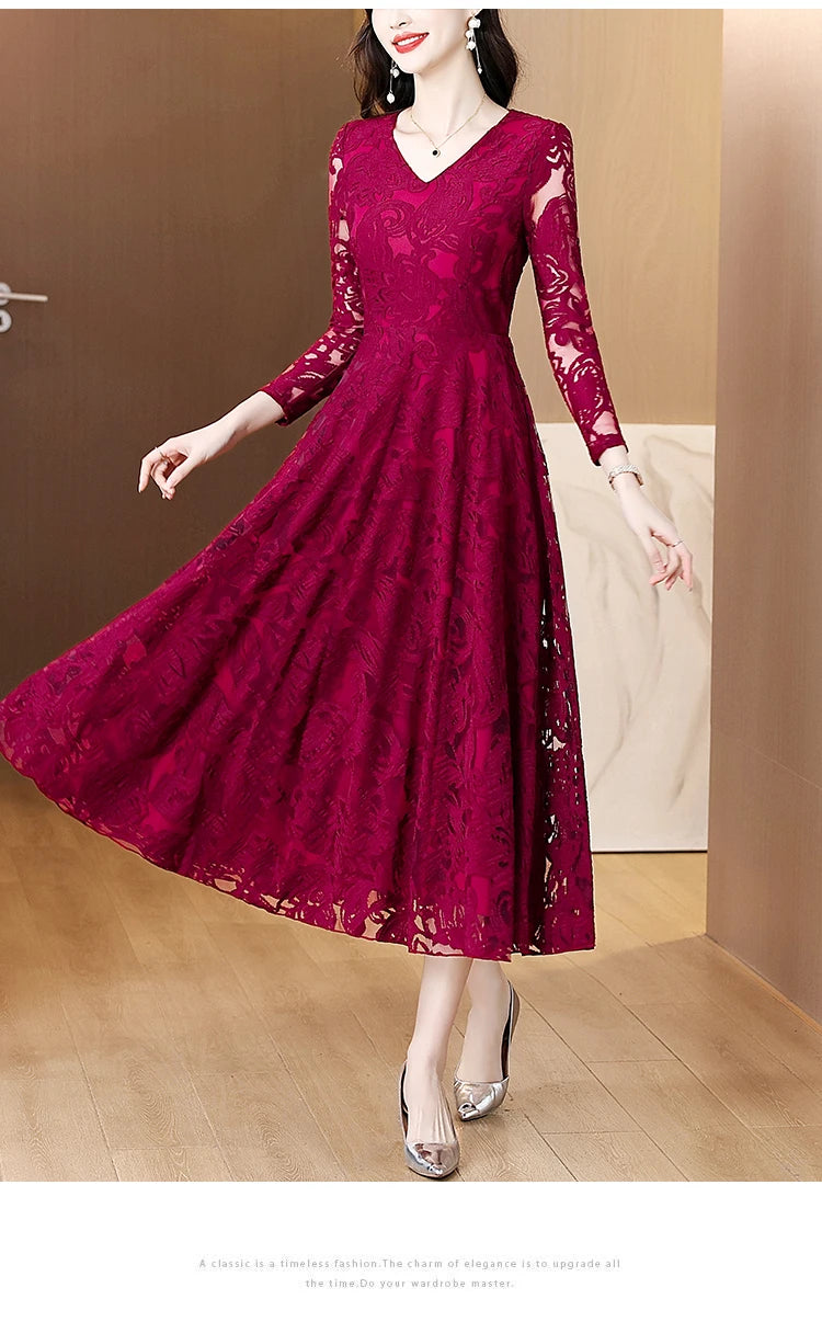 Women Vintage V-neck Lace Hollow Out Sexy Dress 2025 Elegant Bodycon Party Vestidos Spring Autumn Black Long Sleeve Midi Dresses