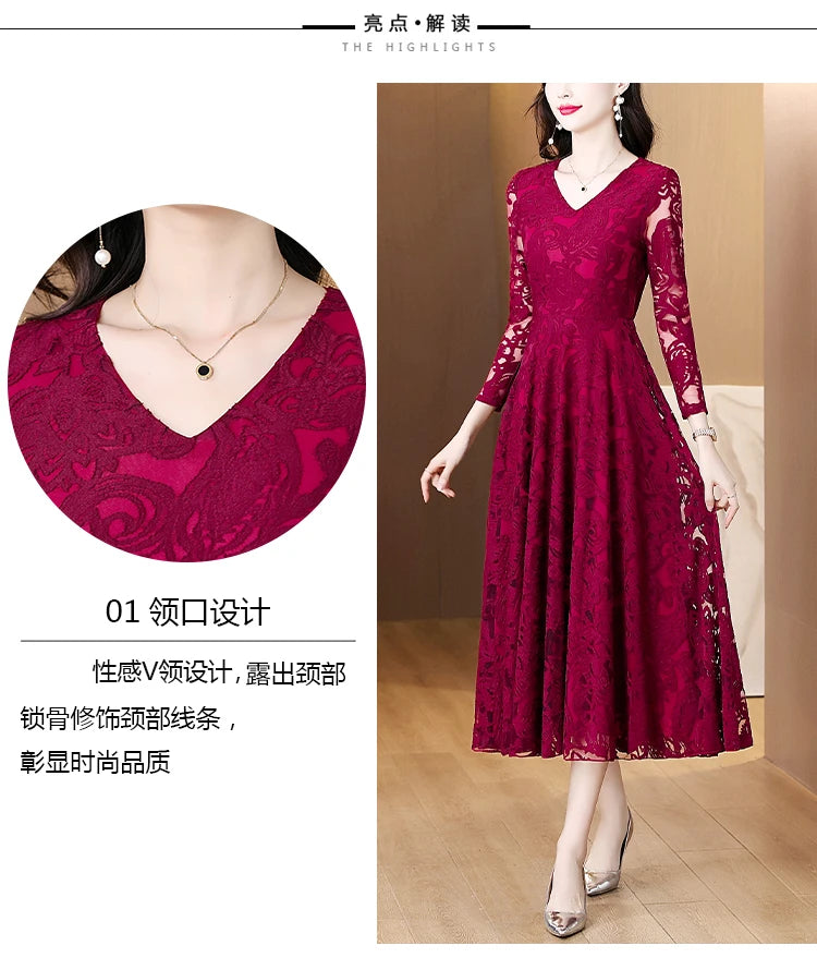 Women Vintage V-neck Lace Hollow Out Sexy Dress 2025 Elegant Bodycon Party Vestidos Spring Autumn Black Long Sleeve Midi Dresses