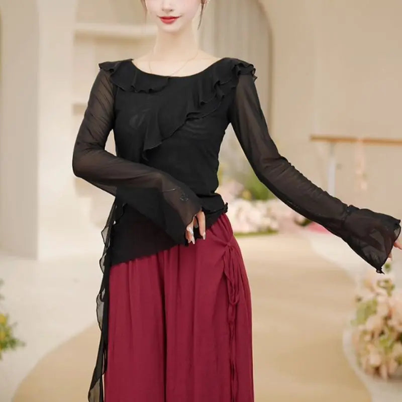 New Dance Clothes for Women Modern Adult Tops for Daily Dancing New Round Neck Long-sleeved Versatile Pullovers