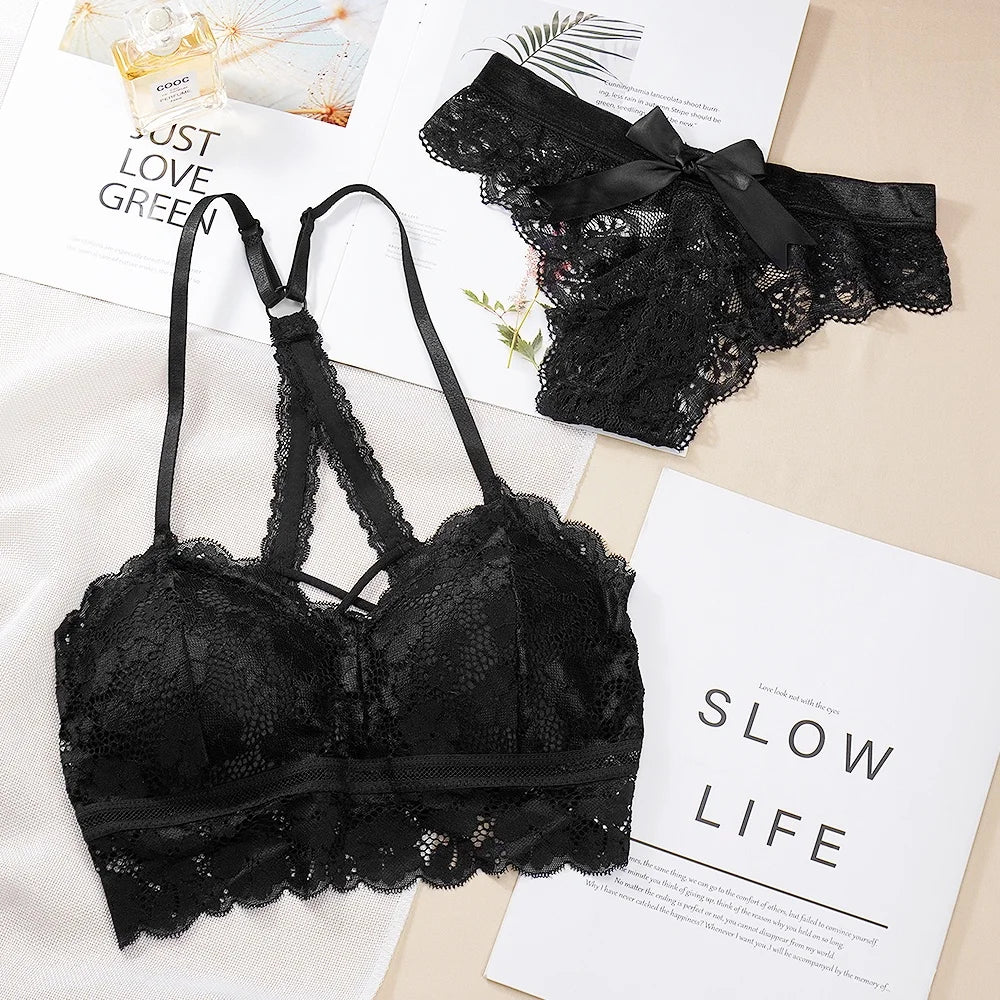 Women Underwear Sets Backless Bra Lace Panty Sexy Thong Sexy Lace Hollow Deep V Push Up Lingerie Sets