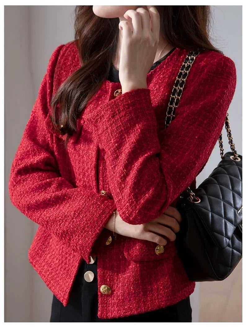 Women's Jacket 2025 New Autumn Fashion Red Tweed Small Fragrance Coat Ladies Short Blazers Korean Elegant Female Tops Outerwear
